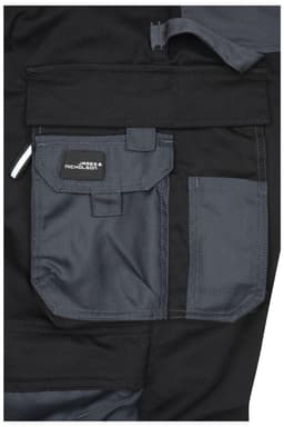 Workwear pants in black and grey featuring multiple pockets and a logo on the fabric.