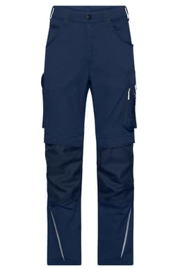 Navy work pants with multiple pockets and silver detailing, featuring a logo on one side. Suitable for workwear.
