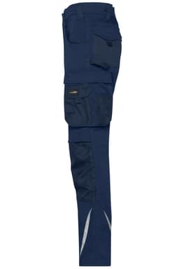 A pair of navy work pants with multiple pockets and reflective detailing, featuring a logo on the side.
