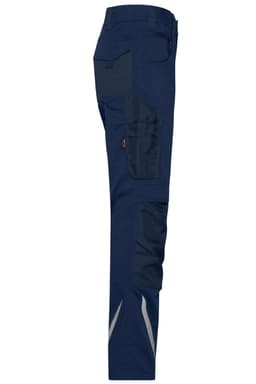 Navy workwear pants with multiple pockets and reflective details, featuring a logo on the fabric.