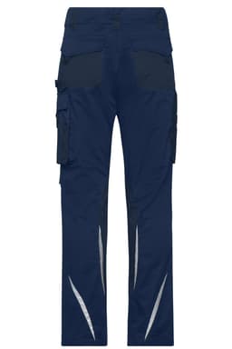 Navy work pants featuring cargo pockets and reflective detailing. The pants have a logo on them.