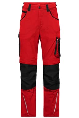 Red workwear pants featuring black accents and multiple pockets, designed for durability and functionality.