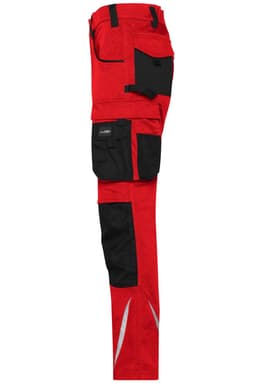 Red work pants featuring black pockets and a reflective strip, designed for durability and functionality.