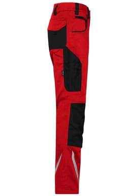 Red workwear pants featuring black accents and reflective detailing, designed for durability and practicality.
