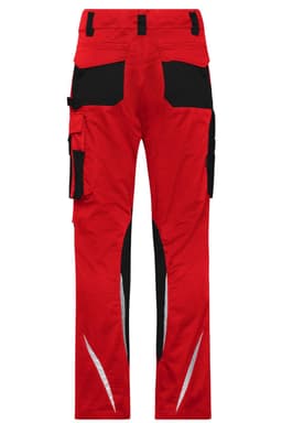 Red workwear pants with black accents, featuring multiple pockets and reflective detailing. Includes a logo.