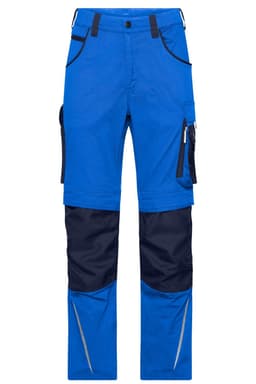 Bright blue workwear pants featuring dark blue accents and multiple pockets, including a logo. Suitable for various tasks.