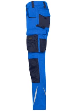 Workwear pants in bright blue with navy panels, featuring multiple pockets and reflective detailing.