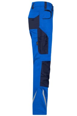 Workwear pants in bright blue with navy accents, featuring multiple pockets and reflective detailing.