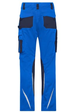 Blue workwear pants featuring cargo pockets and reflective detailing, designed for durability and functionality.