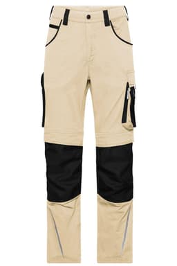 Beige workwear pants featuring black accents and multiple pockets, designed for durability and functionality.