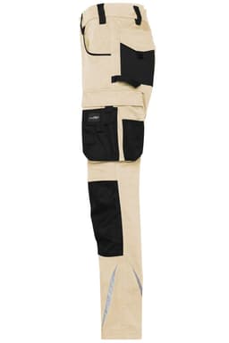 Workwear pants in a tan and black colour scheme with multiple pockets and reflective detailing. Features a logo.