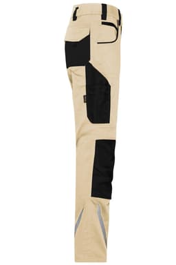Workwear pants in beige with black accents, featuring side pockets and reflective details for visibility.