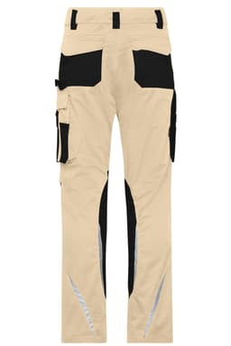 Beige work pants with black accents, featuring multiple pockets and reflective detailing, and includes a logo.