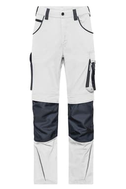 Workwear pants in grey and navy with multiple pockets and a modern design. Features a logo on the waistband.
