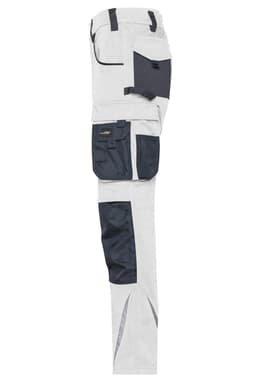 Workwear pants in grey and navy featuring multiple pockets and a logo. Suitable for various work environments.