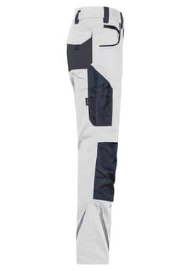 Workwear pants in grey with navy accents, featuring multiple pockets and a side profile view. Branding visible on the product.