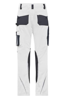 Workwear pants in white with navy accents, featuring cargo pockets and reflective details on the legs.