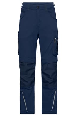 Navy workwear pants with multiple pockets and a logo, featuring reflective detailing and a durable design.