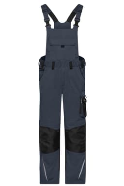 A pair of navy blue workwear pants with bib, featuring black accents and multiple pockets.