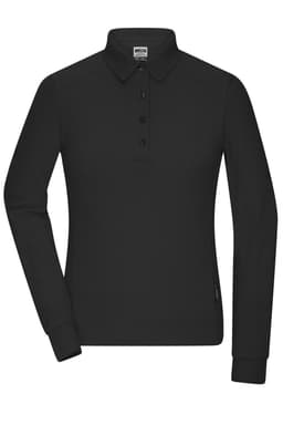 A black long-sleeve polo shirt featuring a collar, buttons, and a logo. Suitable for workwear purposes.