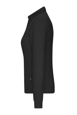 A black ladies' polo shirt with long sleeves and a collar, featuring a logo on the side.