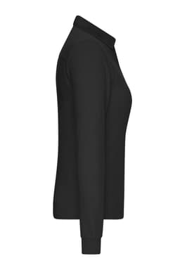 A black ladies work polo shirt side view, featuring long sleeves and a collar, with a logo present.