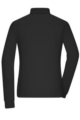 A black long-sleeve polo shirt with a collar and a fitted design at the back. Features a branding logo.