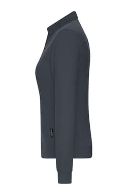 A dark grey ladies' work polo shirt featuring long sleeves and a collar, with a small logo on the side.
