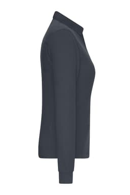 A dark grey long-sleeve polo shirt with a collar and a logo on the chest. Ideal for workwear purposes.