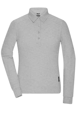 A light grey long-sleeve polo shirt for women, featuring a collar and a branded tag.