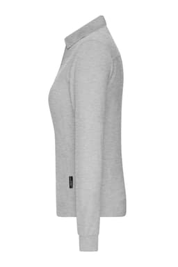 A grey ladies' polo shirt with a collar and long sleeves, featuring a logo on the side.