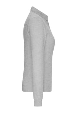 A grey L-S polo shirt for ladies, featuring a collar and long sleeves, with a logo on the front.