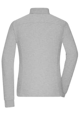 A grey long-sleeved polo shirt with a collar and a branded logo on the back.