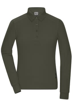 A long-sleeve polo shirt in olive green, featuring a collar, buttons, and a logo on the side.