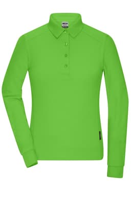 A long-sleeved ladies' polo shirt in bright green with a collar and a logo on the side.