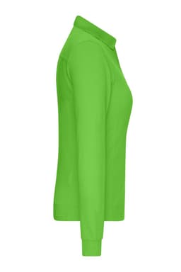 A side view of a vibrant green ladies' work polo shirt, featuring a collar and long sleeves. It has a logo on it.