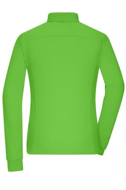 A bright green women's work polo shirt featuring a collar and long sleeves, with a logo present on the design.