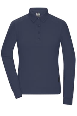 A long-sleeve navy polo shirt for women, featuring a collar, button placket, and a logo tag.