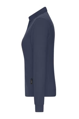 A navy blue long-sleeve polo shirt for women, featuring a side view and a logo on the garment.