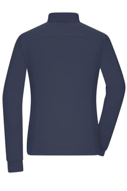 A navy blue ladies' polo shirt with long sleeves and a collar, featuring a logo on the back.