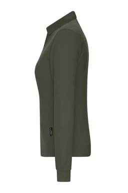 A side view of a ladies' polo shirt in olive green, featuring long sleeves and a collar, with a logo on the side.