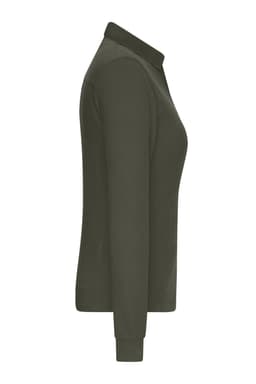 A ladies' long-sleeve polo shirt in olive green, featuring a collar and a fitted design. It has a logo on the chest.