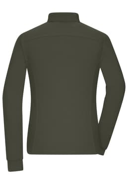 A dark green long-sleeve polo shirt with a collar and a fitted design, featuring a logo on the back.