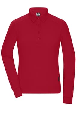 A red long-sleeve polo shirt for ladies with a collar and button placket. The shirt includes a branding logo.