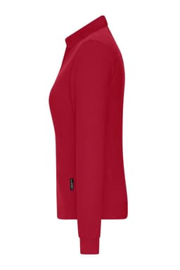 A red long-sleeve polo shirt with a collar and a logo on the side.