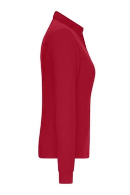 A side view of a red ladies' long sleeve polo shirt featuring a collar and long sleeves, with a subtle logo.