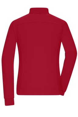 A red ladies workwear long-sleeve polo shirt with a collar and a logo on the back.