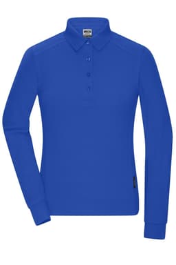 A long-sleeved polo shirt in vibrant blue with a collar and three-button placket. Features a logo on the garment.