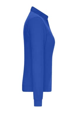 A side view of a ladies' polo shirt in a vibrant blue colour, featuring long sleeves and a collar. It has a logo.