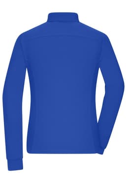 A blue ladies work polo shirt with long sleeves and a collar, featuring a logo.